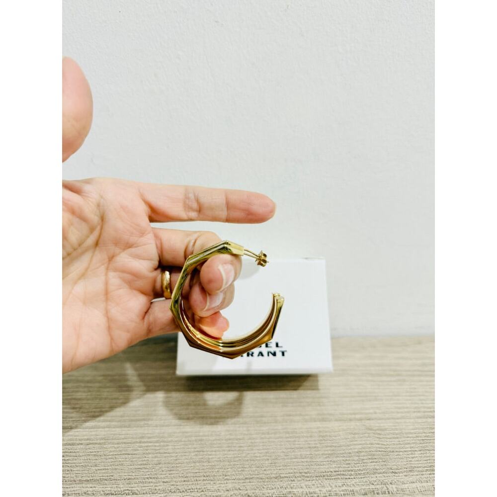 NWT Isabel Marant Gold-Tone Brass Green and White Inlay Boucle Hoop Earrings - Picture 4 of 6
